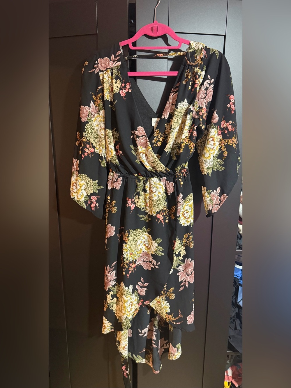 Daytrip Black High-Low Floral Wrap Dress with Pink & Gold Blooms